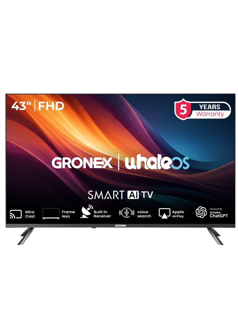 جرونكس تلفزيون جرونكس 43 بوصة FHD سمارت بدون إطار – نظام Whale OS – ريسيفر داخلي T2/S2 – تحكم صوتي – Dolby Audio – 3 HDMI، 2 USB – معدل تحديث 60Hz – موديل LE-43VA4S (43GW6070) – أسود - Image 1